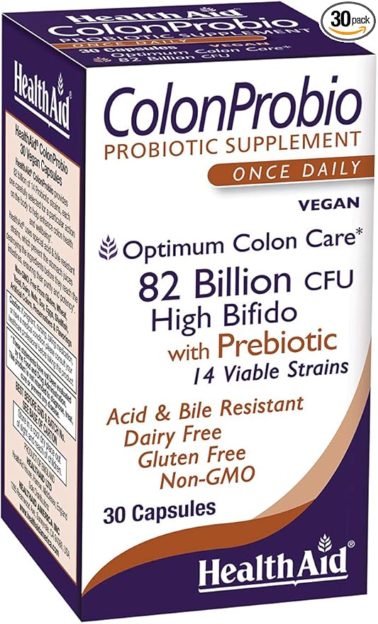 ColonProbio 82 Billion with Prebiotic, 14 Strains, Once Daily, 30ct, Optimum Colon Care, Acid & Bile Resistant, Dairy Free, Gluten Free, Non-GMO