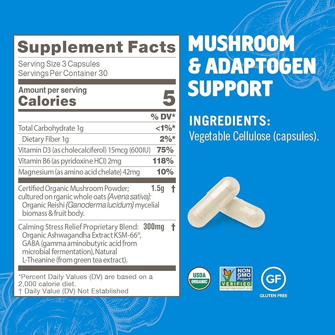 OM MUSHROOM SUPERFOOD Relax Mushroom Capsules, 90 Count, 30 Days, Reishi Mushrooms, Ashwagandha, GABA, L-Theanine, Magnesium, Adaptogens for Stress Support (Formerly Gently Zen, Packaging May Vary)