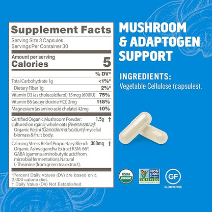 OM MUSHROOM SUPERFOOD Relax Mushroom Capsules, 90 Count, 30 Days, Reishi Mushrooms, Ashwagandha, GABA, L-Theanine, Magnesium, Adaptogens for Stress Support (Formerly Gently Zen, Packaging May Vary)