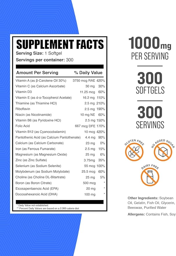 BulkSupplements.com Multivitamin for Women 50 Plus Softgels - Women's Daily Vitamins, Multimineral Supplement - Complete Multivitamin with Fish Oil - 1 Softgel per Serving, 300 Count (Pack of 1)