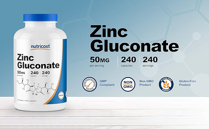 Nutricost Zinc Gluconate 240 Veggie Capsules (50mg) (3 Bottles) - Gluten Free and Non-GMO