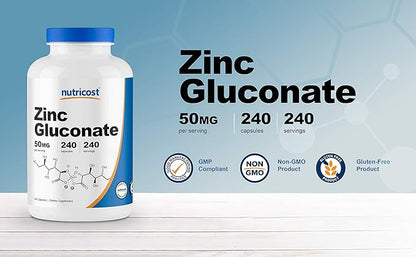 Nutricost Zinc Gluconate 240 Veggie Capsules (50mg) (3 Bottles) - Gluten Free and Non-GMO