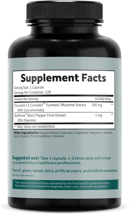 Turmeric Curcumin C3 Complex 500 mg, Enhanced with Black Pepper for Better Absorption; Kosher Certified, Non-GMO and Gluten Free - Standardized 95% Curcuminoids - 120 VegCaps