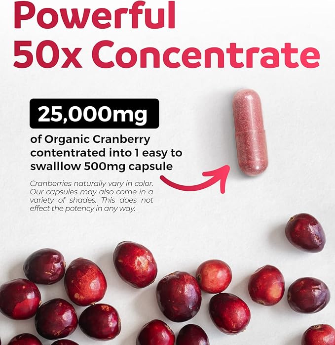 USDA Organic Cranberry Pills - 50:1 Concentrate Equals 25,000mg of Fresh Cranberries (Vegan) for Urinary Tract Health & Kidney Cleanse - Cranberry Pills for Women - UTI Support Supplement 120 Capsules