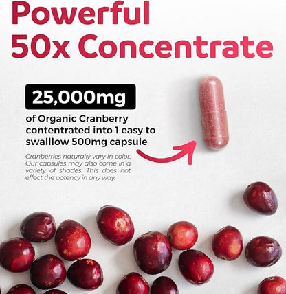 USDA Organic Cranberry Pills - 50:1 Concentrate Equals 25,000mg of Fresh Cranberries (Vegan) for Urinary Tract Health & Kidney Cleanse - Cranberry Pills for Women - UTI Support Supplement 120 Capsules
