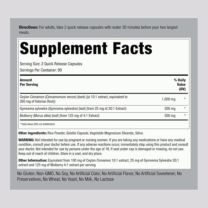 Piping Rock Ceylon Cinnamon Gymnema Mulberry Complex | 2000mg | 180 Capsules | Herbal Supplement | Concentrated Extract | Non-GMO, Gluten Free