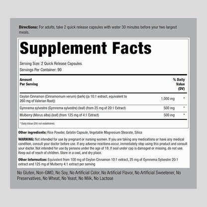 Piping Rock Ceylon Cinnamon Gymnema Mulberry Complex | 2000mg | 180 Capsules | Herbal Supplement | Concentrated Extract | Non-GMO, Gluten Free
