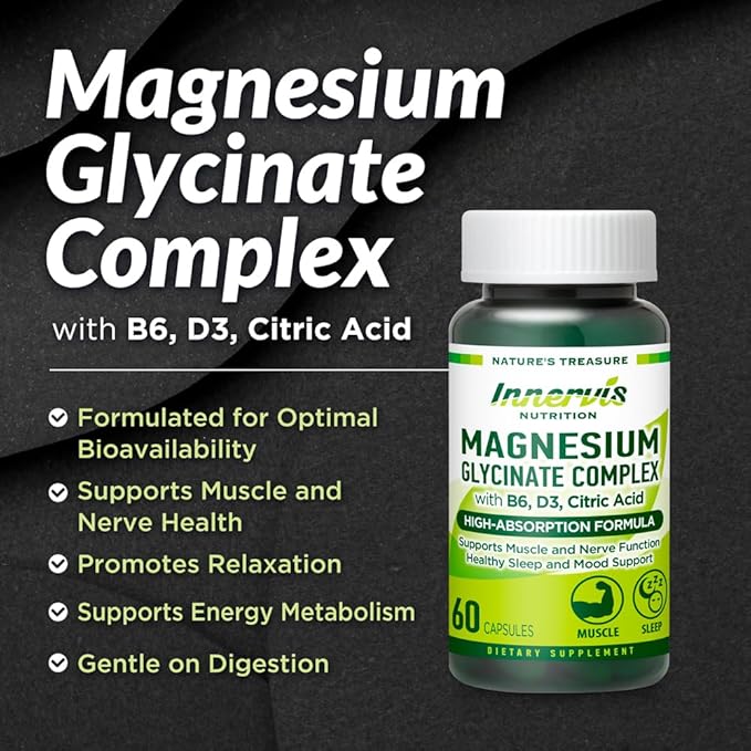 Magnesium Glycinate Complex 60 Capsules with Vitamin B6, D3, Citric Acid Supplement for Muscle, Bones, Sleep, Energy