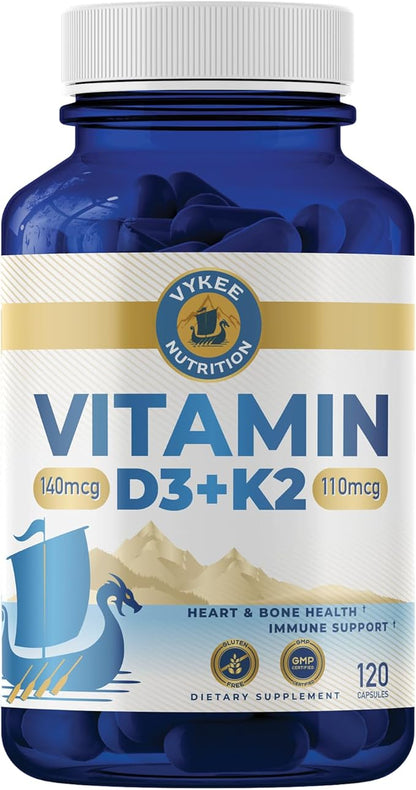 Vitamin D3 K2 Complex - Ultimate Absorption 140mg D3 & 110mg K2 (MK-7) | Vegan, Non-GMO | Supplement for Bone, Teeth, Muscle, & Heart Health | 120 Capsules