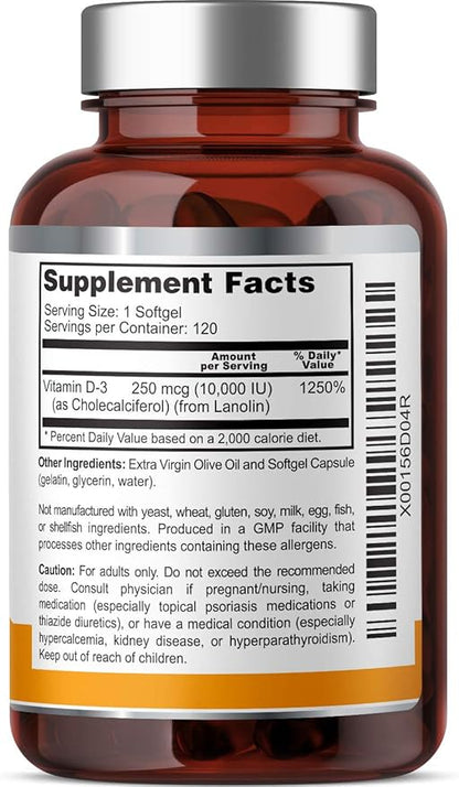 Vitamin D-3 10000 IU 120 Softgels - High-Potency in Extra Virgin Olive Oil Non-GMO Soy-Free Supports Strong Bones Immune Health