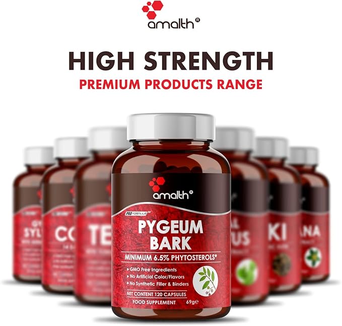 Amalth Pygeum Bark Extract Powder Higher Potency (6.5% phytosterols) Supports Urinary Tract & Prostate Health Men Herbal Supplements 120 Capsules (Non –GMO)