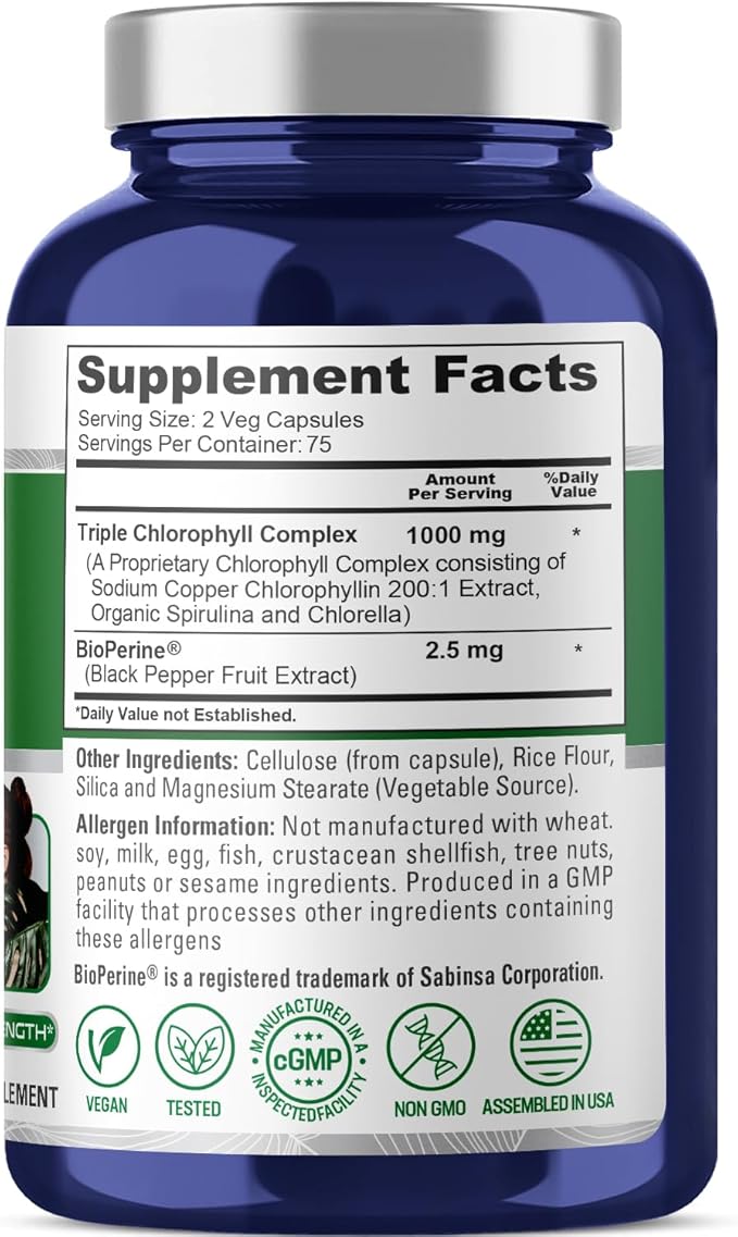 NusaPure High Absorption Triple Chlorophyll 1000 mg 150 Veg Caps Suitable for Vegetarians and Vegans, Non-GMO