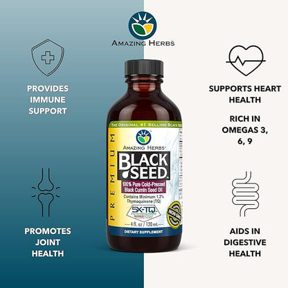Amazing Herbs Premium Black Seed Oil - Gluten Free, Non GMO, Cold Pressed Nigella Sativa Aids in Digestive Health, Immune Support, Brain Function, Joint Mobility - 4 Fl Oz (Pack of 2)