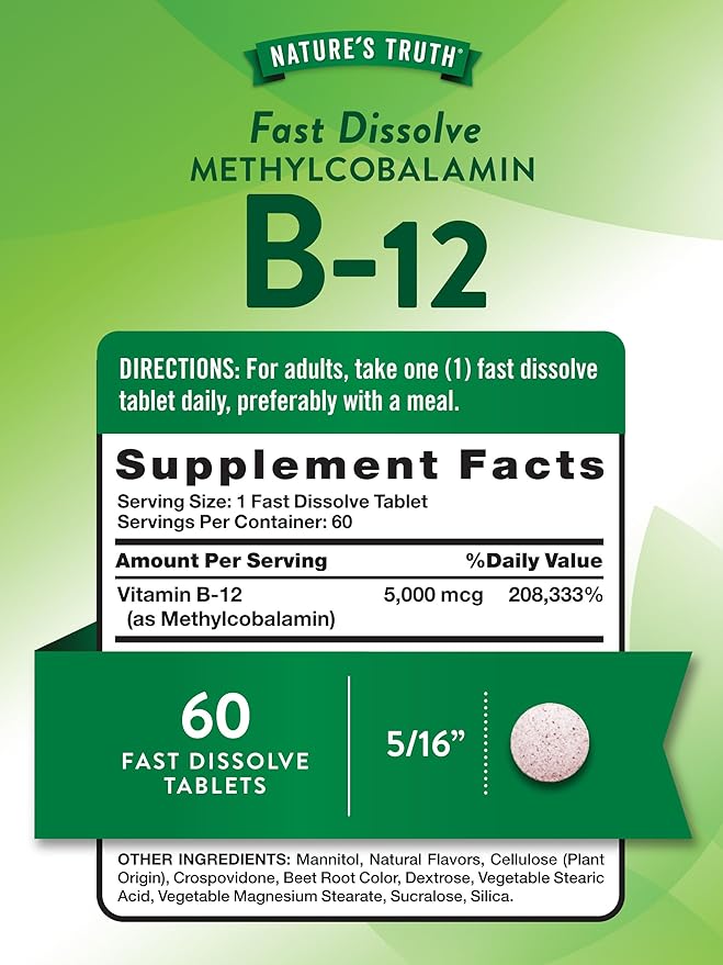 Nature's Truth B12 Vitamin 5000 mcg | 60 Tablets | Fast Dissolve Natural Berry Flavor | Vegan, Non-GMO & Gluten Free Supplement