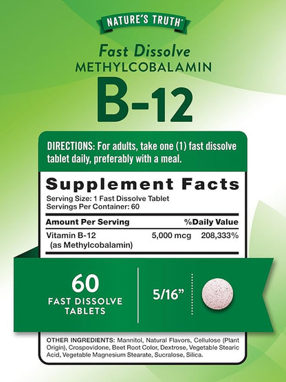 Nature's Truth B12 Vitamin 5000 mcg | 60 Tablets | Fast Dissolve Natural Berry Flavor | Vegan, Non-GMO & Gluten Free Supplement