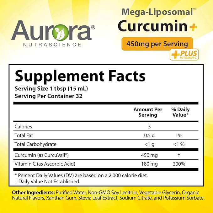 Aurora Nutrascience Mega-Liposomal Curcumin+ Vitamin C with CurcuVail, Supports Healthy Joints, Muscles, GI Tract, and Brain Function, Organic, Non-GMO, 32 Servings, 16 fl oz