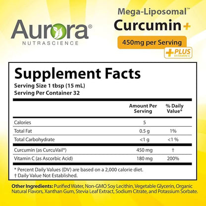 Aurora Nutrascience Mega-Liposomal Curcumin+ Vitamin C with CurcuVail, Supports Healthy Joints, Muscles, GI Tract, and Brain Function, Organic, Non-GMO, 32 Servings, 16 fl oz