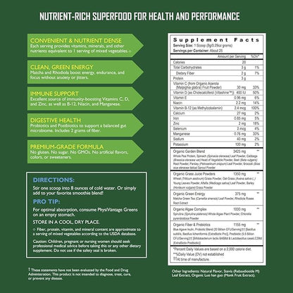 PhysiVantage Greens Superfood Powder with Prebiotic Fiber, Probiotics, Post-biotics, Spirulina, Chlorella - Vegan - Energy, Focus, Immune Support, Gut Health - Delicious Mild Mint Flavor - 25 Servings