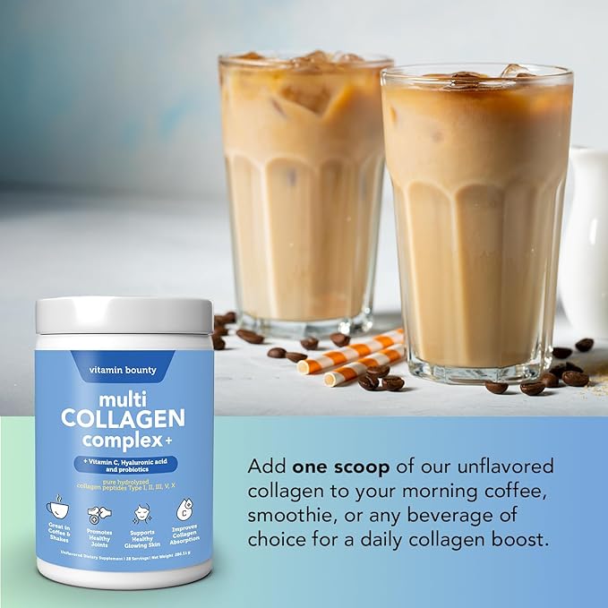 Vitamin Bounty Multi Collagen Complex Plus - 5 Types of Hydrolyzed Collagen Peptides for Women & Men w/Vitamin C, Hyaluronic Acid & Probiotics | Supports Skin, Hair, Joints & Gut Health | 28 Servings