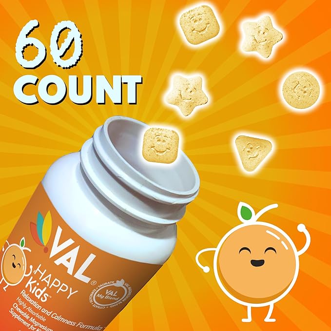 VAL Magnesium for Kids | High-Absorption Magnesium for Calm, Relaxation & Focus | Mg Glycinate, Citrate & Taurate | with Vitamin B6, D & C | Sugar-Free, Non-GMO | 60 Chewable Tablets