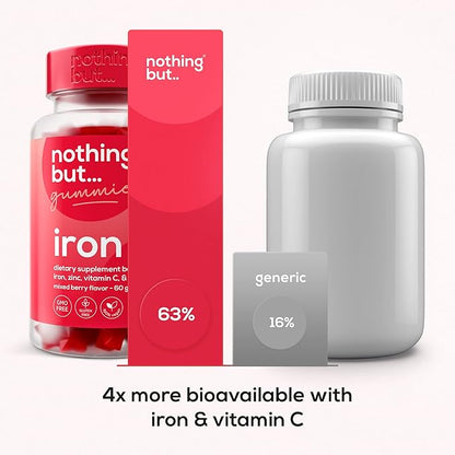 Natural Iron Supplement for Women and Men with a Delicious Mixed Berry Flavor - Chewable Vegan Iron Supplements w/Vitamin C, Zinc, Folic Acid & B Vitamins - 60 Iron Gummies for Anemia
