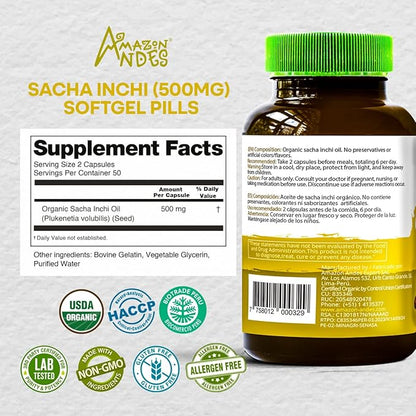 Organic Source of omegas 3, 6 and 9 l Sacha Inchi Oil softgel Capsules l 100 x 500 mg Pills l Healthier Essential Fatty Acids Source l Non GMO and Gluten Free l Amazon Andes