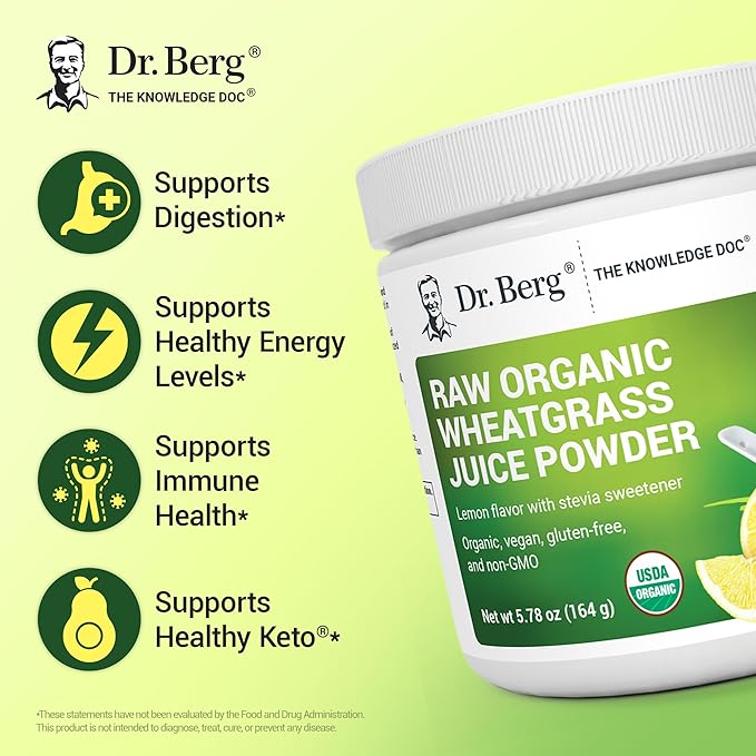 Dr. Berg USDA Certified Organic Green Powder Superfood (60 Servings) - Made with Raw Wheatgrass, Chlorophyll, Trace Minerals & Natural Enzymes - Non-GMO Green Superfood Powder - Lemon Flavor