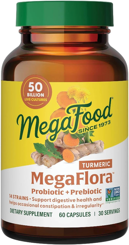 MegaFood MegaFlora Probiotic + Prebiotics + Turmeric Supplement - Probiotics for Women Digestive Health - 50 Billion CFUs - 14 Strains - Vegetarian - 60 Capsules (30 Servings)
