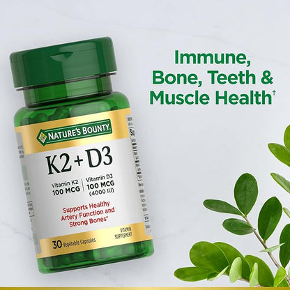 Nature's Bounty Vitamin D3 K2 Supplement, 4000 IU Vitamin D3 Plus 100 mcg of Vitamin K for Heart & Bone Health Support, 30 Day Supply, 30 Vegetarian Capsules, K2 + D3 Supplements for Adults
