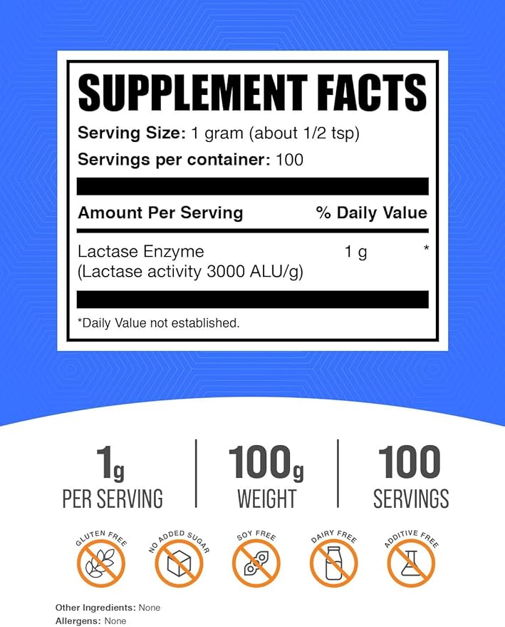 BulkSupplements.com Lactase Enzyme (3000 ALU) Powder - Digestive Enzyme Lactase, Lactase Enzyme Supplement - Gluten Free, 1g per Serving, 100g (3.5 oz) (Pack of 1)