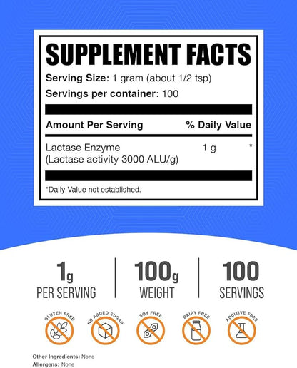 BulkSupplements.com Lactase Enzyme (3000 ALU) Powder - Digestive Enzyme Lactase, Lactase Enzyme Supplement - Gluten Free, 1g per Serving, 100g (3.5 oz) (Pack of 1)