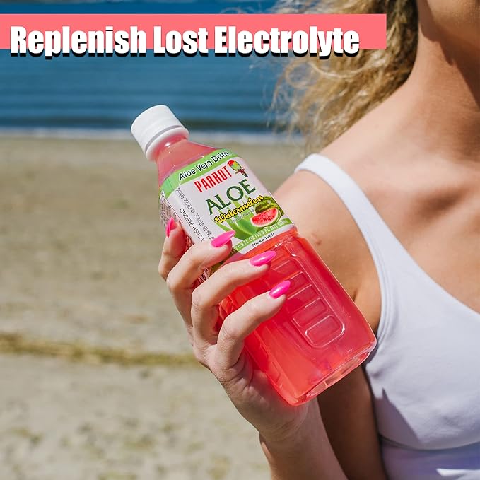 Parrot Aloe Vera Drink with pulp and Watermelon flavor, Chewable Aloe added, Sweet and Refreshing Jucie Drink 16.9 fl.oz. (Pack of 10)