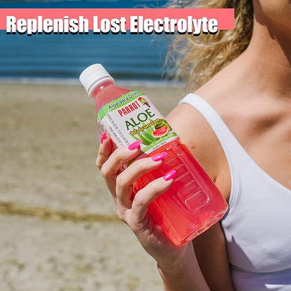 Parrot Aloe Vera Drink with pulp and Watermelon flavor, Chewable Aloe added, Sweet and Refreshing Jucie Drink 16.9 fl.oz. (Pack of 10)