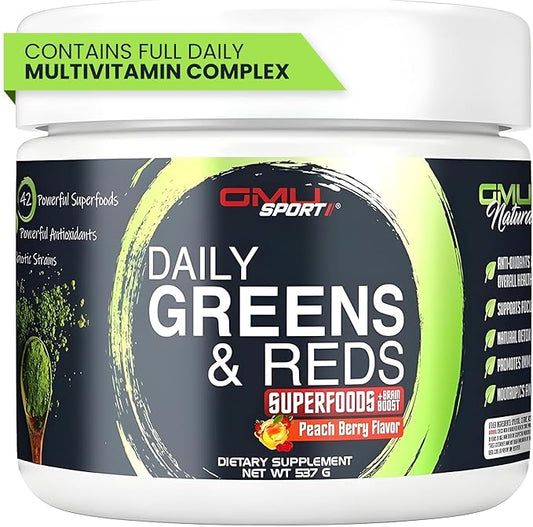 GMU SPORT Greens and Reds Superfood Powder - Reds and Greens Powder Supplement with 42 Superfoods, Antioxidants, Adaptogen and Probiotics for Digestive Health and Mental Focus - Peach Berry
