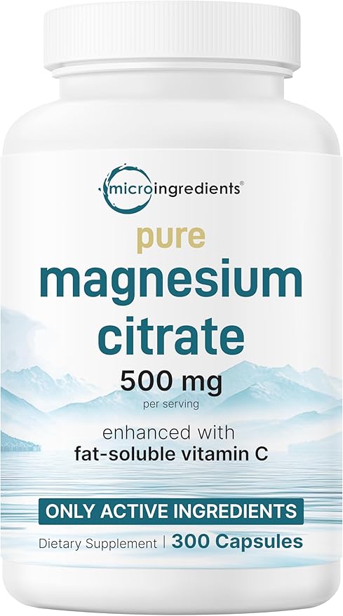 Pure Magnesium Citrate Supplements 500mg Per Serving | 300 Capsules with High Absorption Fat-Soluble Vitamin C | Supports Digestion, Muscle, & Heart Health | Only Active Ingredients | Filler Free