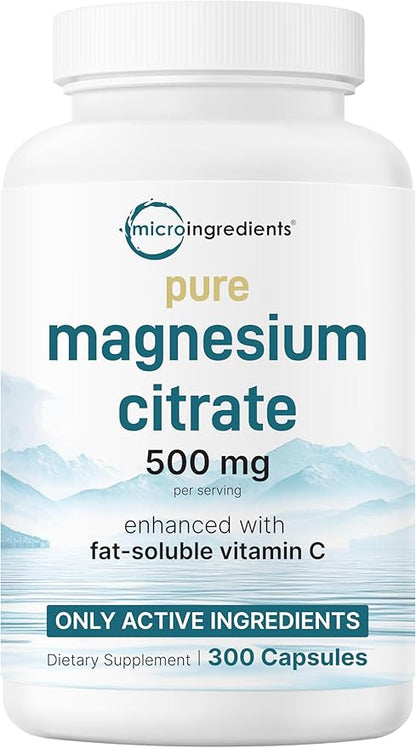 Pure Magnesium Citrate Supplements 500mg Per Serving | 300 Capsules with High Absorption Fat-Soluble Vitamin C | Supports Digestion, Muscle, & Heart Health | Only Active Ingredients | Filler Free