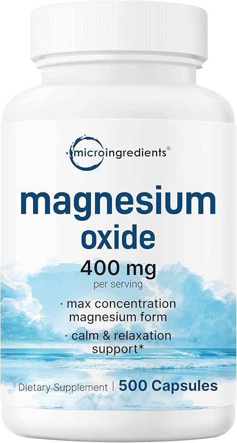 Magnesium Oxide 400mg, 500 Capsules | Elemental Form for Max Concentration | Mineral Supplement for Muscle Health + Calm & Relaxation Support | Non-GMO
