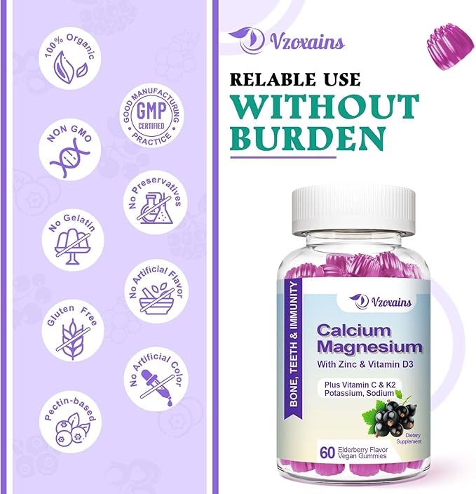 High Absorption Calcium Gummies, Sugar Free Calcium Magnesium Supplement with Potassium Vitamin D3 for B0ne & Teeth Strength, Muscle Function - Vegan, Elderberry Flavor 60 Cts