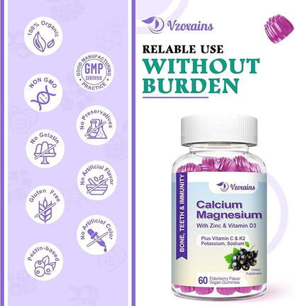 High Absorption Calcium Gummies, Sugar Free Calcium Magnesium Supplement with Potassium Vitamin D3 for B0ne & Teeth Strength, Muscle Function - Vegan, Elderberry Flavor 60 Cts