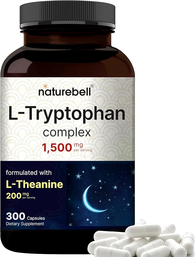 NatureBell L Tryptophan 1300mg with L Theanine 200mg, 300 Capsules | Active Free Form, Plant Based Supplement – Calm Formula, Supports Relaxation – Non-GMO & No Gluten