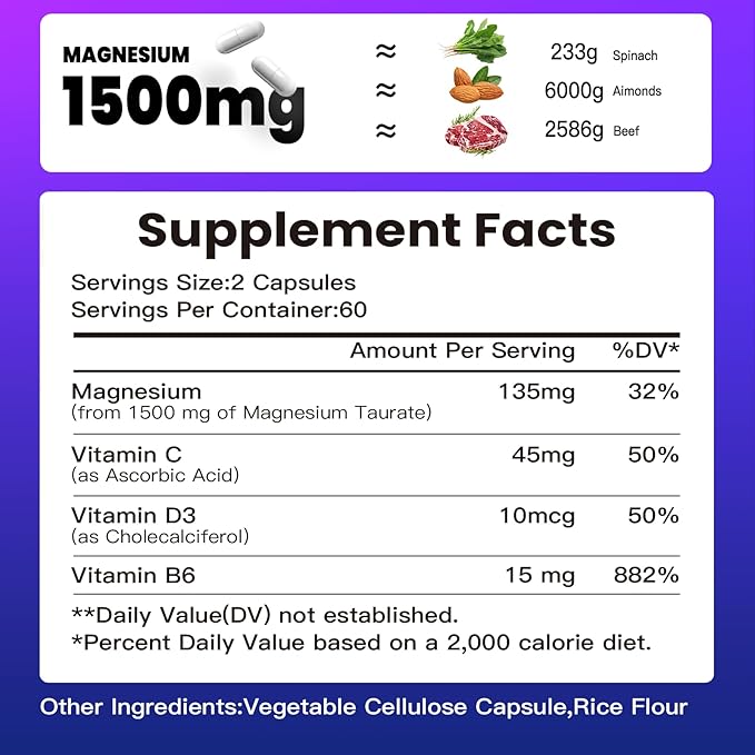 Magnesium Taurate Supplement 1500mg,with Vitamins B6, C & D3,High Absorption for Energy,Vegan, Gluten Free,120 Capsules,2 Month Supply