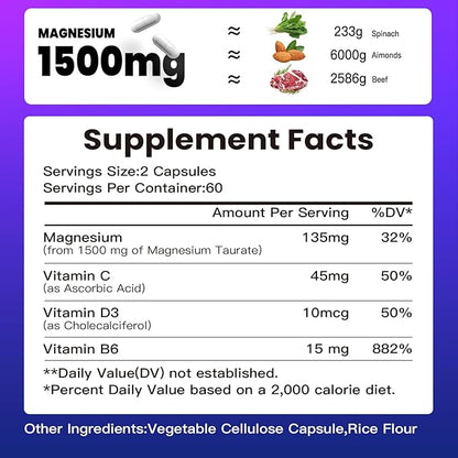 Magnesium Taurate Supplement 1500mg,with Vitamins B6, C & D3,High Absorption for Energy,Vegan, Gluten Free,120 Capsules,2 Month Supply