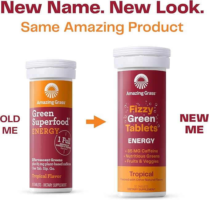 Amazing Grass Fizzy Green Tablets Energy Tropical: Greens + Green Tea Caffeine, Water Flavoring Tablet with Antioxidants, 60 Count