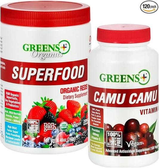 Greens+ Organic Reds Superfood Powder Camu Camu Dietary 400mg Vitamin C SuperFruit Supplement 120 Capsules, 100% Natural, Vitamins & Minerals, Vegan, Soy/Dairy/Gluten Free