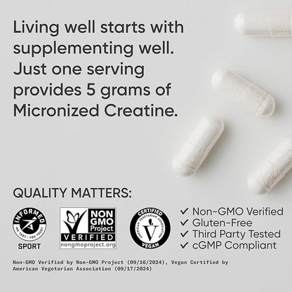 Sports Research® Creatine Monohydrate Capsules - May Support Workout Recovery, Lean Muscle gain, Performance and Strength* - Non-GMO, Vegan Certified - 5g per Servings - 30 Servings
