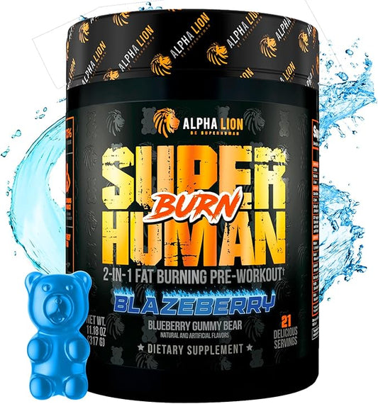 ALPHA LION Superhuman Burn 2-in-1 Metabolism Booster Pre Workout, Weight Loss Supplement, Appetite Suppressant, Fat Loss Support, Energy & Focus Powder (21 Servings, Blue Gummy Bear Flavor)