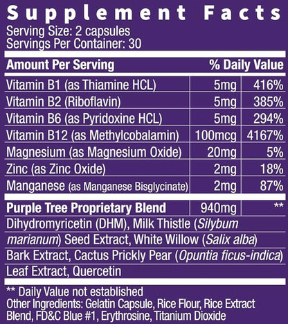purple tree Post Celebration Wellness Vitamins | Liver Support, Body Replenisher, Rapid Hydration | Dihydromyricetin DHM, Milk Thistle, Electrolytes, Vitamin B, Willow Bark, Quercetin (60 Pills)