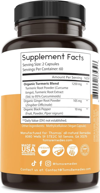 Thomas' all-natural Remedies Turmeric Curcumin and Ginger with Black Pepper, Organic Turmeric Joint Support Supplement- 95% Curcumin - NO fillers, Vegan - 120ct