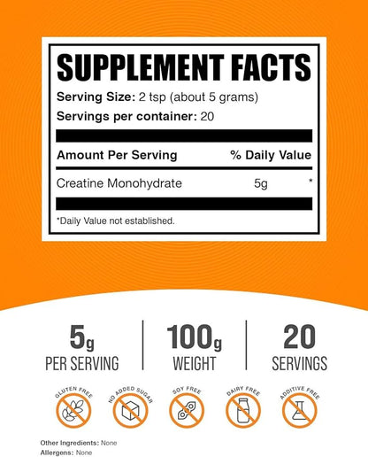 BulkSupplements.com Creatine Monohydrate Powder - Creatine Supplement, Micronized Creatine, Creatine Powder - Unflavored & Gluten Free, 5g (5000mg) per Servings, 100g (3.5 oz) (Pack of 1)