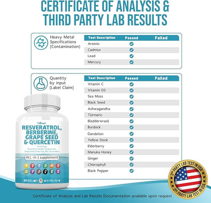 60 Capsules Resveratrol 6000mg Berberine 3000mg Grape Seed Extract 3000mg Quercetin 4000mg Green Tea Extract Polyphenol Supplement with N-Acetyl Cysteine Acai Extract for Women and Men,USA